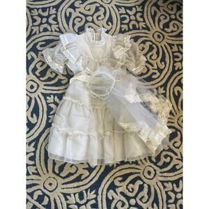Vintage First Communion Easter White Short Sleeve Lace Dress with Veil